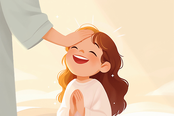 JPG 여자 남자 행복 기독교 어린이 일러스트 미소 소녀 상반신 성인 두명 빛 평화 기도 축복 후광 세례 국내일러스트 AI일러스트 AI콘텐츠 감정 종교 컨셉 표정 사람 파일형식