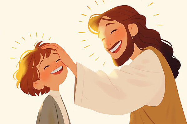 JPG 손 남자 행복 기독교 어린이 일러스트 미소 소년 상반신 성인 두명 빛 평화 예수 축복 세례 남자만 국내일러스트 AI일러스트 AI콘텐츠 감정 종교 컨셉 표정 사람 신체부위 신_종교 파일형식