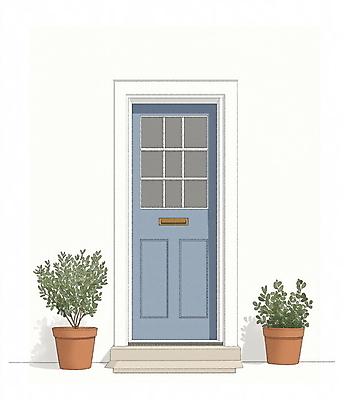 JPG 식물 화분 하늘색 일러스트 그림자 사람없음 문 미니멀 국내일러스트 AI일러스트 AI콘텐츠 파란색 파일형식