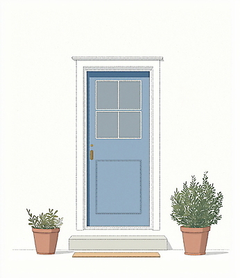 JPG 식물 화분 하늘색 일러스트 그림자 사람없음 문 미니멀 국내일러스트 AI일러스트 AI콘텐츠 파란색 파일형식