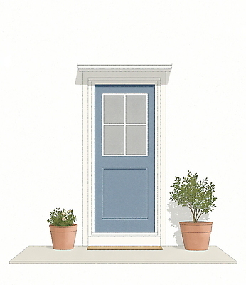 JPG 식물 화분 하늘색 일러스트 그림자 사람없음 문 미니멀 국내일러스트 AI일러스트 AI콘텐츠 파란색 파일형식