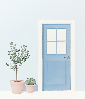 JPG 식물 화분 하늘색 일러스트 그림자 사람없음 문 미니멀 국내일러스트 AI일러스트 AI콘텐츠 파란색 파일형식