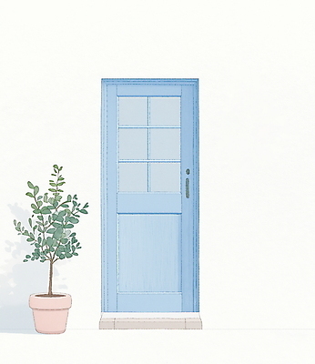 JPG 식물 화분 하늘색 일러스트 그림자 사람없음 문 미니멀 국내일러스트 AI일러스트 AI콘텐츠 파란색 파일형식