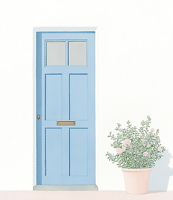 JPG 식물 화분 하늘색 일러스트 그림자 사람없음 문 미니멀 국내일러스트 AI일러스트 AI콘텐츠 파란색 파일형식