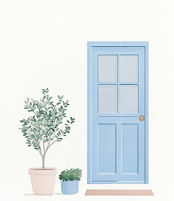 JPG 식물 화분 하늘색 일러스트 그림자 사람없음 문 미니멀 국내일러스트 AI일러스트 AI콘텐츠 파란색 파일형식