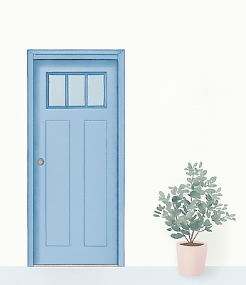 JPG 식물 화분 하늘색 일러스트 그림자 사람없음 문 미니멀 국내일러스트 AI일러스트 AI콘텐츠 파란색 파일형식