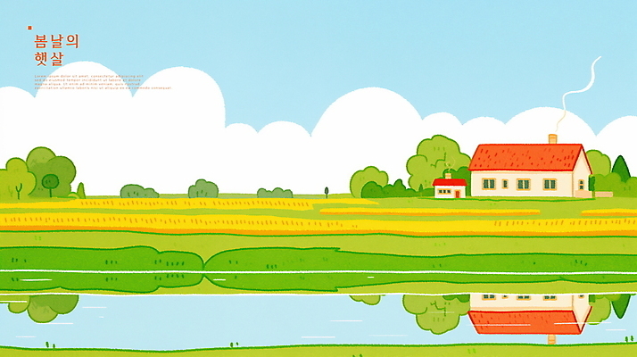 PSD 나무 구름 호수 일러스트 자연 주택 풍경 사람없음 초록색 반사 평화 봄 시골 국내일러스트 자연요소 식물 계절 컬러 컨셉 건물 생태계 파일형식