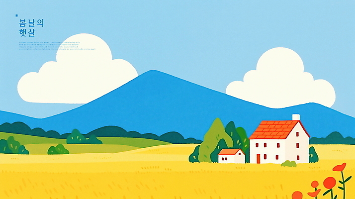 PSD 나무 구름 꽃 일러스트 자연 주택 풍경 초원 사람없음 파란색 평화 봄 시골 국내일러스트 자연요소 식물 계절 컬러 컨셉 건물 생태계 파일형식