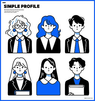 여자 남자 일러스트 비즈니스 넥타이 정장 여러명 상반신 성인 책 파란색 귀걸이 직장인 심플 개성 단순화된 서류판 프로필 성인만 안경낌 일러캐릭터 AI파일 직업 캐릭터 잡화 옷 안경 컬러 다수 장신구 사람 사무용품 파일형식 벡터