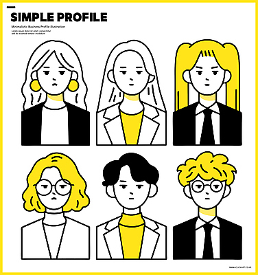 여자 남자 일러스트 비즈니스 넥타이 정장 여러명 상반신 성인 노란색 귀걸이 직장인 심플 개성 단순화된 프로필 성인만 안경낌 일러캐릭터 AI파일 직업 캐릭터 잡화 옷 안경 컬러 다수 장신구 사람 파일형식 벡터