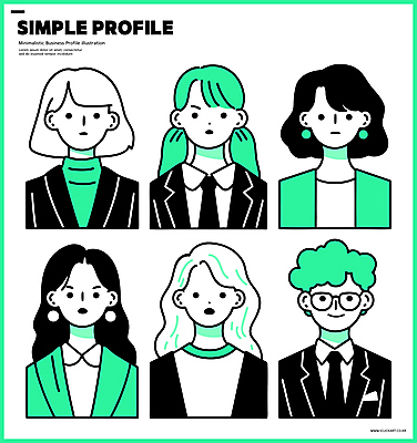 여자 남자 일러스트 비즈니스 넥타이 정장 여러명 상반신 성인 귀걸이 직장인 심플 단순화된 민트색 프로필 성인만 안경낌 일러캐릭터 AI파일 직업 캐릭터 잡화 옷 안경 컬러 다수 장신구 사람 파일형식 벡터