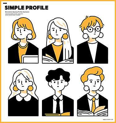 여자 남자 일러스트 비즈니스 넥타이 정장 여러명 상반신 성인 책 귀걸이 주황색 직장인 심플 단순화된 프로필 성인만 안경낌 일러캐릭터 AI파일 직업 캐릭터 잡화 옷 안경 컬러 다수 장신구 사람 파일형식 벡터