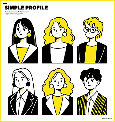 여자 남자 일러스트 비즈니스 정장 여러명 상반신 성인 노란색 귀걸이 직장인 심플 개성 단순화된 프로필 성인만 안경낌 일러캐릭터 AI파일 직업 캐릭터 옷 안경 컬러 다수 장신구 사람 파일형식 벡터