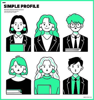 여자 남자 일러스트 비즈니스 넥타이 정장 여러명 상반신 성인 책 귀걸이 직장인 심플 개성 단순화된 민트색 프로필 성인만 안경낌 일러캐릭터 AI파일 직업 캐릭터 잡화 옷 안경 컬러 다수 장신구 사람 파일형식 벡터