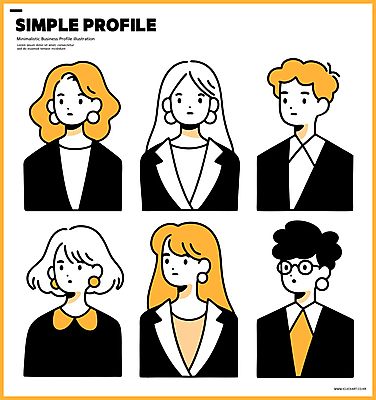 여자 남자 일러스트 비즈니스 정장 여러명 상반신 성인 귀걸이 주황색 직장인 심플 개성 단순화된 프로필 성인만 안경낌 일러캐릭터 AI파일 직업 캐릭터 옷 안경 컬러 다수 장신구 사람 파일형식 벡터