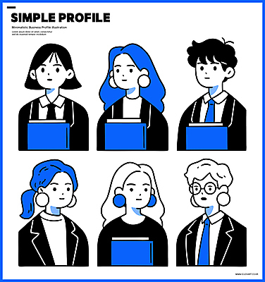 여자 남자 일러스트 비즈니스 넥타이 정장 여러명 상반신 성인 파란색 귀걸이 직장인 문서 심플 개성 단순화된 프로필 성인만 안경낌 일러캐릭터 AI파일 직업 캐릭터 잡화 옷 안경 컬러 다수 장신구 사람 파일형식 벡터