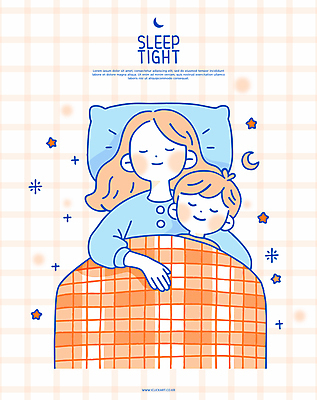 여자 남자 행복 어린이 일러스트 베개 포옹 엄마 소년 상반신 성인 두명 눈감음 주황색 포근함 체크무늬 덮기 숙면 국내일러스트 AI파일 모자관계 감정 아들 컬러 무늬 가족 침구 안기 모션 사람 잠 감각 파일형식 벡터