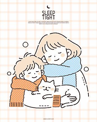 여자 남자 행복 어린이 일러스트 포옹 소년 상반신 성인 두명 눈감음 주황색 목도리 고양이 포근함 체크무늬 숙면 반려묘 국내일러스트 AI파일 모자관계 잡화 감정 아들 컬러 무늬 포유류 가족 안기 모션 엄마 사람 반려동물 잠 감각 파일형식 벡터