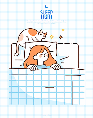 여자 행복 어린이 일러스트 베개 한명 소녀 상반신 파란색 눈감음 고양이 침대 포근함 체크무늬 덮기 숙면 소녀한명만 반려묘 국내일러스트 AI파일 1 감정 컬러 가구 무늬 포유류 침구 모션 사람 반려동물 잠 감각 여자한명만 소녀만 파일형식 벡터