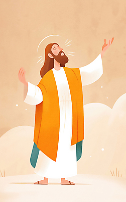 JPG 전신 구름 남자 종교 일러스트 한명 성인 손들기 눈감음 주황색 예수 후광 성인남자한명만 국내일러스트 AI일러스트 AI콘텐츠 자연요소 1 컬러 모션 사람 빛 신_종교 남자한명만 성인남자만 파일형식