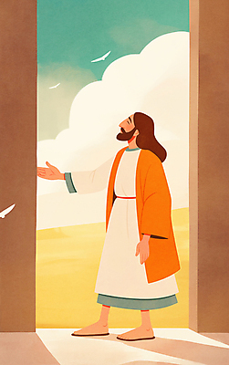 JPG 전신 구름 남자 종교 일러스트 조류 그림자 한명 웃음 성인 손들기 주황색 예수 후광 성인남자한명만 국내일러스트 AI일러스트 AI콘텐츠 자연요소 동물 1 컬러 모션 표정 사람 빛 신_종교 남자한명만 성인남자만 파일형식