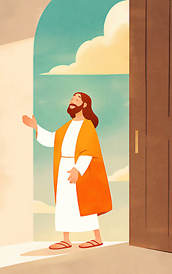 JPG 전신 구름 남자 종교 일러스트 한명 성인 손들기 눈감음 주황색 예수 후광 성인남자한명만 국내일러스트 AI일러스트 AI콘텐츠 자연요소 1 컬러 모션 사람 빛 신_종교 남자한명만 성인남자만 파일형식