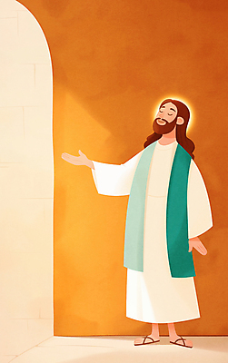 JPG 전신 남자 종교 일러스트 한명 성인 손들기 눈감음 주황색 예수 후광 성인남자한명만 국내일러스트 AI일러스트 AI콘텐츠 1 컬러 모션 사람 빛 신_종교 남자한명만 성인남자만 파일형식