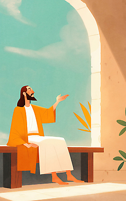 JPG 전신 구름 남자 종교 잎 일러스트 하늘 한명 앉기 성인 손들기 주황색 예수 후광 성인남자한명만 국내일러스트 AI일러스트 AI콘텐츠 자연요소 식물 1 컬러 모션 사람 빛 신_종교 남자한명만 성인남자만 파일형식