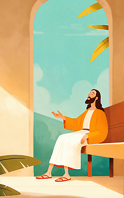 JPG 전신 구름 남자 종교 잎 일러스트 하늘 한명 앉기 성인 손들기 눈감음 주황색 예수 후광 성인남자한명만 국내일러스트 AI일러스트 AI콘텐츠 자연요소 식물 1 컬러 모션 사람 빛 신_종교 남자한명만 성인남자만 파일형식