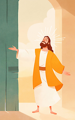 JPG 전신 구름 남자 종교 일러스트 하늘 한명 성인 손들기 눈감음 주황색 예수 후광 성인남자한명만 국내일러스트 AI일러스트 AI콘텐츠 자연요소 1 컬러 모션 사람 빛 신_종교 남자한명만 성인남자만 파일형식