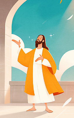 JPG 전신 구름 남자 종교 일러스트 하늘 한명 성인 손들기 눈감음 주황색 예수 후광 성인남자한명만 국내일러스트 AI일러스트 AI콘텐츠 자연요소 1 컬러 모션 사람 빛 신_종교 남자한명만 성인남자만 파일형식