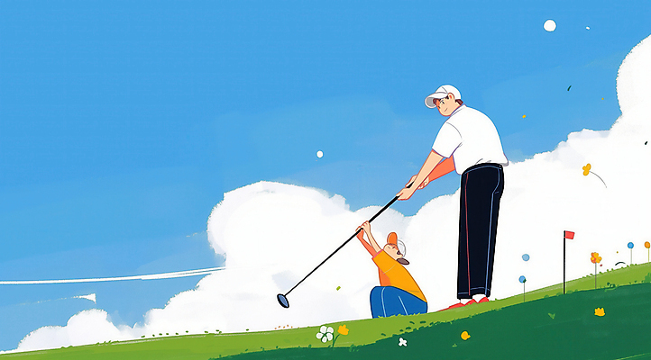 JPG 전신 구름 여자 남자 스포츠 일러스트 하늘 들기 풍경 잔디 성인 두명 골프채 스윙 캡모자 성인만 파크골프 국내일러스트 AI일러스트 AI콘텐츠 자연요소 식물 모자_잡화 포즈 골프 모션 골프용품 사람 파일형식