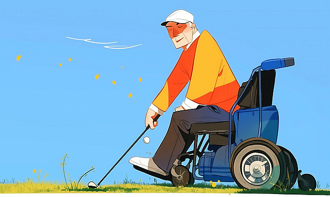 JPG 전신 노년 남자 스포츠 일러스트 하늘 한명 들기 풍경 잔디 눈감음 골프채 잡기 장애인 연습 캡모자 노인남자한명만 파크골프 전동휠체어 국내일러스트 AI일러스트 AI콘텐츠 식물 모자_잡화 1 골프 모션 골프용품 사람 성인 휠체어 장애 남자한명만 노인남자만 파일형식