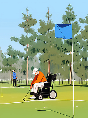 JPG 전신 나무 남자 스포츠 일러스트 하늘 들기 풍경 잔디 성인 두명 골프채 장애인 골프깃발 캡모자 성인남자만 파크골프 전동휠체어 국내일러스트 AI일러스트 AI콘텐츠 식물 모자_잡화 골프 모션 골프용품 사람 깃발 휠체어 장애 남자만 성인만 파일형식