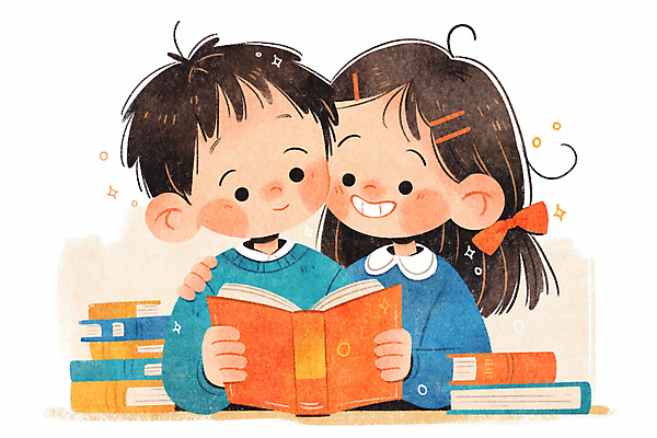 JPG 여자 남자 어린이 일러스트 미소 들기 소녀 소년 상반신 두명 독서 귀여움 도서관 책상 책더미 어린이만 얼굴맞대기 국내일러스트 AI일러스트 AI콘텐츠 교육 가구 컨셉 모션 표정 사람 책 무더기 파일형식