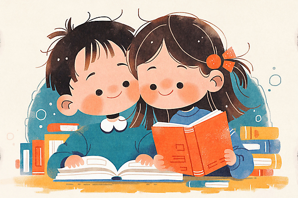 JPG 여자 남자 어린이 일러스트 미소 들기 소녀 소년 상반신 두명 독서 귀여움 도서관 책상 책더미 어린이만 얼굴맞대기 국내일러스트 AI일러스트 AI콘텐츠 교육 가구 컨셉 모션 표정 사람 책 무더기 파일형식