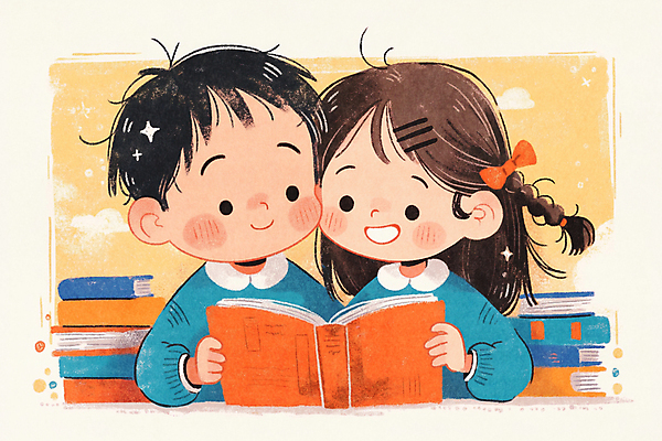 JPG 여자 남자 어린이 일러스트 미소 들기 소녀 소년 상반신 두명 독서 귀여움 도서관 책상 책더미 어린이만 얼굴맞대기 국내일러스트 AI일러스트 AI콘텐츠 교육 가구 컨셉 모션 표정 사람 책 무더기 파일형식