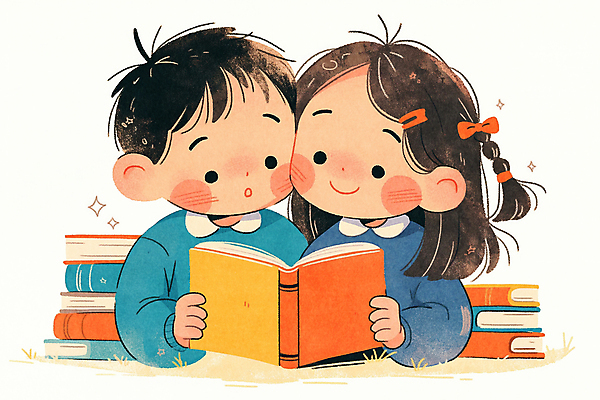 JPG 여자 남자 어린이 일러스트 미소 들기 소녀 소년 상반신 두명 독서 귀여움 도서관 책상 책더미 어린이만 얼굴맞대기 국내일러스트 AI일러스트 AI콘텐츠 교육 가구 컨셉 모션 표정 사람 책 무더기 파일형식