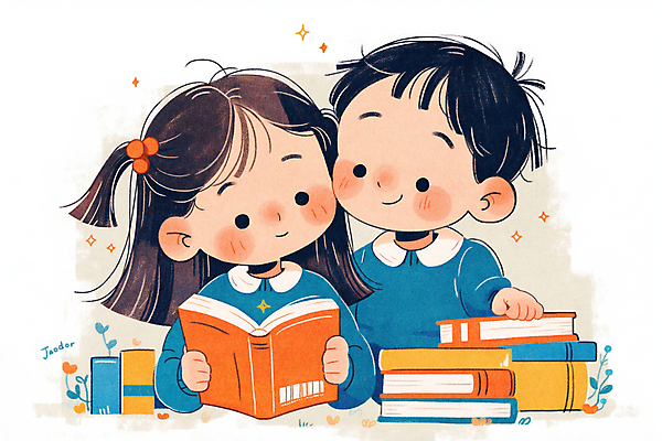 JPG 여자 남자 어린이 일러스트 미소 들기 소녀 소년 상반신 두명 반짝임 독서 귀여움 도서관 책상 책더미 어린이만 얼굴맞대기 국내일러스트 AI일러스트 AI콘텐츠 교육 가구 컨셉 모션 표정 사람 책 무더기 파일형식