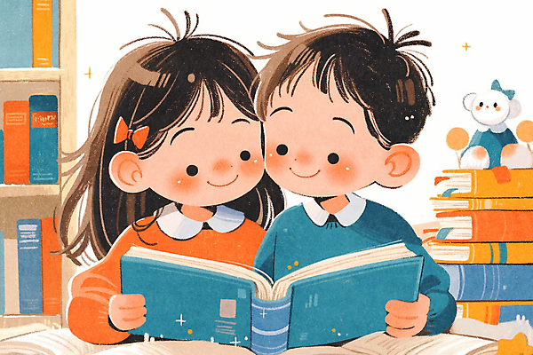 JPG 여자 남자 어린이 인형 일러스트 책장 미소 들기 소녀 소년 상반신 두명 독서 귀여움 도서관 책더미 어린이만 얼굴맞대기 국내일러스트 AI일러스트 AI콘텐츠 교육 가구 컨셉 모션 표정 사람 책 무더기 파일형식