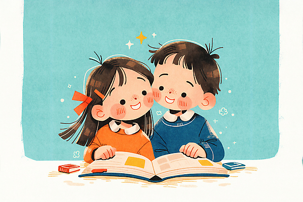 JPG 여자 남자 어린이 일러스트 미소 소녀 소년 상반신 두명 반짝임 독서 귀여움 도서관 어린이만 얼굴맞대기 국내일러스트 AI일러스트 AI콘텐츠 교육 컨셉 모션 표정 사람 파일형식