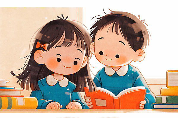 JPG 여자 남자 어린이 일러스트 따뜻함 미소 들기 소녀 소년 상반신 두명 독서 귀여움 도서관 책상 어린이만 국내일러스트 AI일러스트 AI콘텐츠 교육 가구 컨셉 모션 표정 사람 파일형식