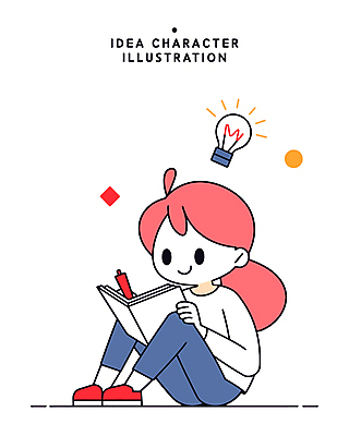 전신 여자 어린이 생각 일러스트 전구 아이디어 한명 미소 앉기 소녀 책 펜 공책 기록 웅크림 소녀한명만 국내일러스트 AI파일 1 컨셉 모션 문구용품 표정 사람 필기구 여자한명만 소녀만 파일형식 벡터