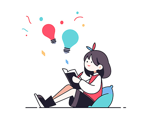 전신 여자 어린이 쿠션 생각 일러스트 전구 아이디어 한명 미소 앉기 소녀 책 펜 꽃가루 소녀한명만 국내일러스트 AI파일 1 컨셉 모션 표정 사람 필기구 가루 여자한명만 소녀만 파일형식 벡터