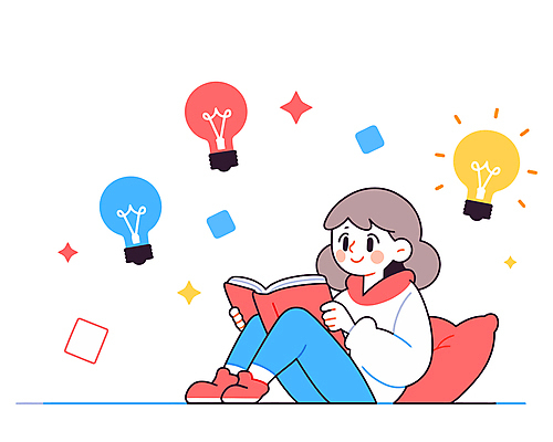 전신 여자 어린이 일러스트 전구 아이디어 한명 미소 앉기 소녀 책 반짝임 독서 기댐 잡기 소녀한명만 국내일러스트 AI파일 1 컨셉 모션 표정 사람 여자한명만 소녀만 파일형식 벡터