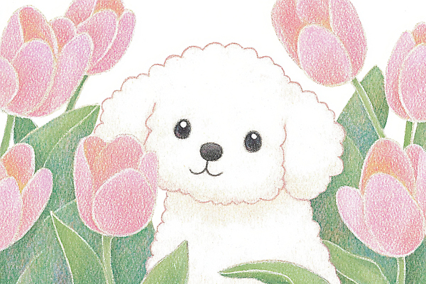 JPG 한마리 꽃밭 일러스트 색연필 사람없음 귀여움 봄 산책 튤립 강아지 그림 국내일러스트 AI일러스트 AI콘텐츠 1 계절 꽃 컨셉 휴식 학용품 반려동물 개 파일형식