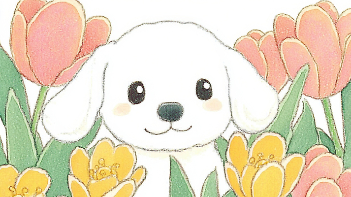 JPG 한마리 꽃밭 일러스트 색연필 사람없음 귀여움 봄 산책 튤립 강아지 그림 국내일러스트 AI일러스트 AI콘텐츠 1 계절 꽃 컨셉 휴식 학용품 반려동물 개 파일형식