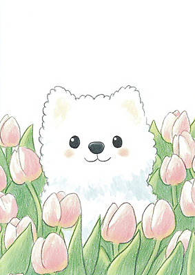 JPG 한마리 꽃밭 일러스트 색연필 사람없음 귀여움 봄 산책 튤립 강아지 그림 국내일러스트 AI일러스트 AI콘텐츠 1 계절 꽃 컨셉 휴식 학용품 반려동물 개 파일형식