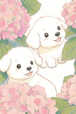 JPG 두마리 꽃밭 일러스트 색연필 사람없음 귀여움 봄 산책 강아지 그림 수국 국내일러스트 AI일러스트 AI콘텐츠 계절 꽃 컨셉 2 휴식 학용품 반려동물 개 파일형식