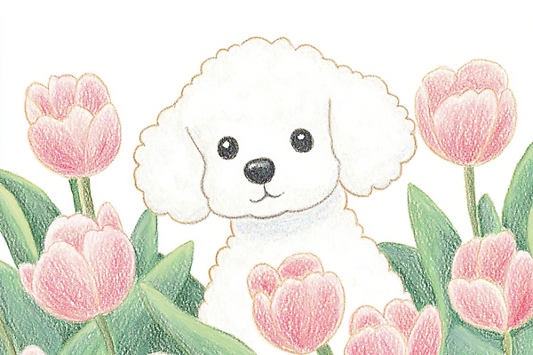 JPG 한마리 꽃밭 일러스트 색연필 사람없음 귀여움 봄 산책 튤립 강아지 그림 국내일러스트 AI일러스트 AI콘텐츠 1 계절 꽃 컨셉 휴식 학용품 반려동물 개 파일형식